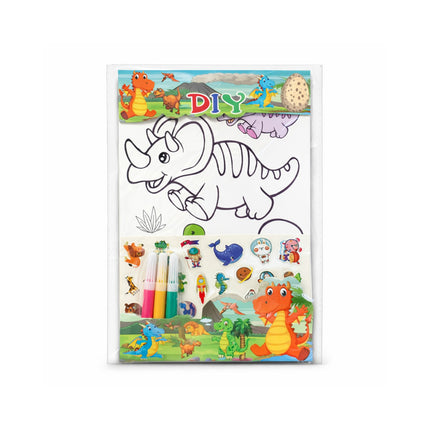 Coloring book with dinosaur design and markers on a white background