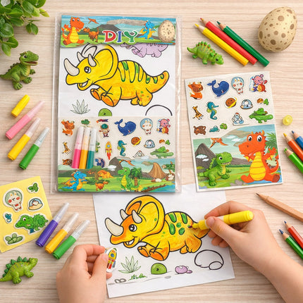 Coloring book with dinosaur illustrations and markers on a wooden table