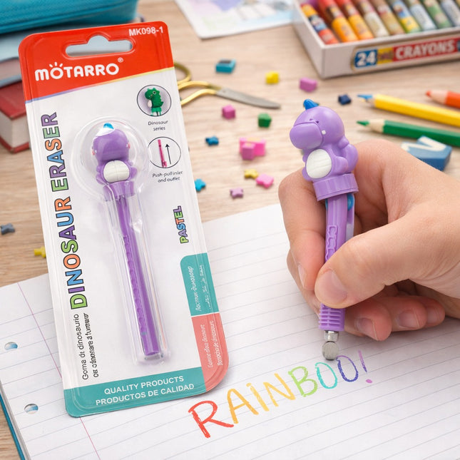Purple dinosaur-shaped eraser pen with packaging and a hand holding it on a notebook with 'RAINBOO!' written.