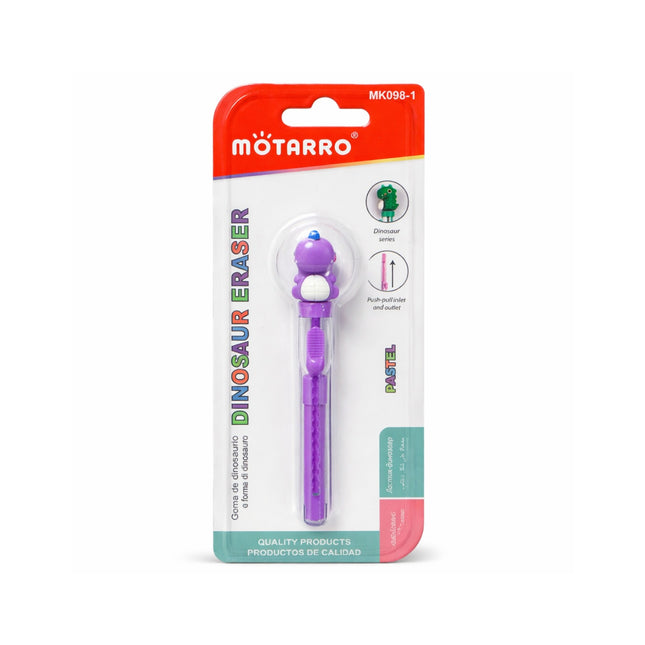 Purple dinosaur eraser with packaging featuring the Motarro brand on a white background