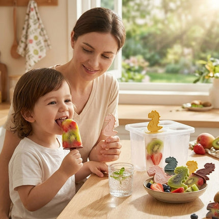 Woman and child enjoying ice cream and a healthy snack together in a kitchen.