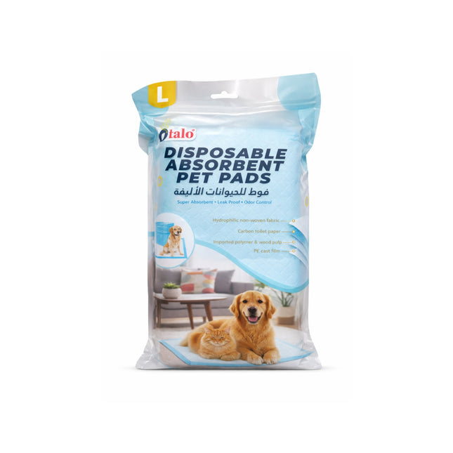 Pack of disposable absorbent pet pads with a dog and cat on the packaging.