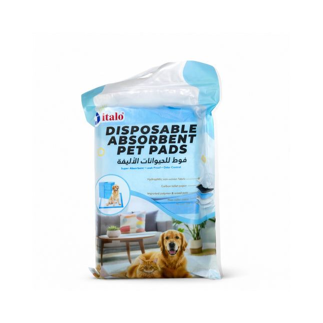 Pack of italo disposable absorbent pet pads on a white background