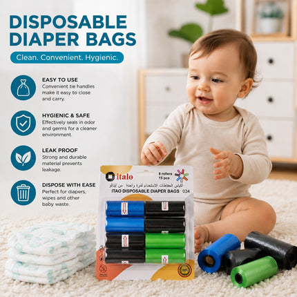 A baby sits on a cream carpet in a bright room while disposable diaper bags are displayed, including a clear bag with a white liner, a package of colorful bags, and several blue and green bags. Text on the left highlights key product features in English and Arabic.