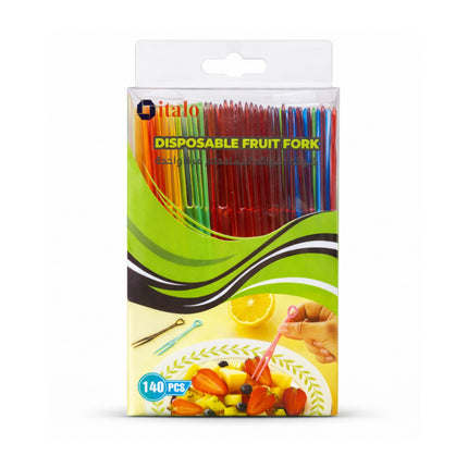 Pack of disposable fruit forks with colorful handles on a white background