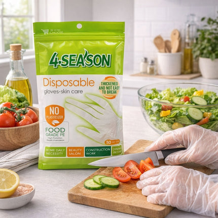 4-Season disposable gloves packaging with a person cutting vegetables in a kitchen.