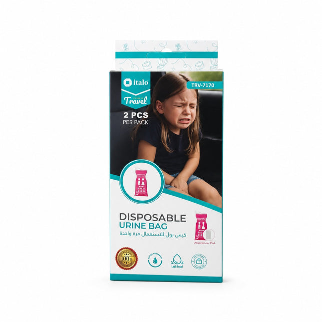 A boxed pack of Italo Travel disposable urine bags, shown upright on a plain white background. The front of the package features a photo of a child in pain, product illustrations, and text reading '2 PCS PER PACK' and 'DISPOSABLE URINE BAG'.
