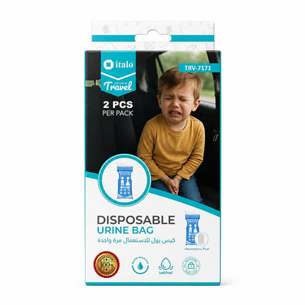 A retail package of Italo Travel disposable urine bags, containing 2 pieces. The packaging features a photo of a crying child in a car seat, which is part of the product's marketing graphic.