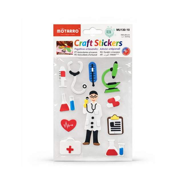 Packaged craft stickers with medical-themed designs on a white background