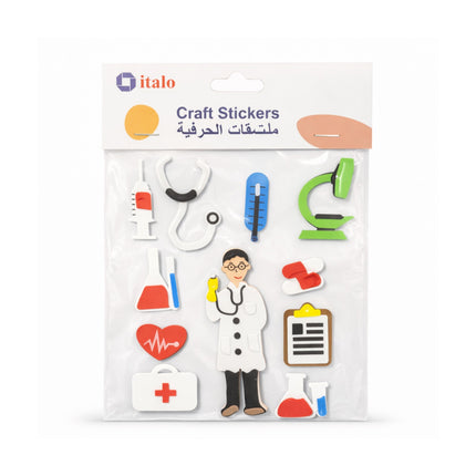 Packaged craft stickers with medical-themed designs on a white background
