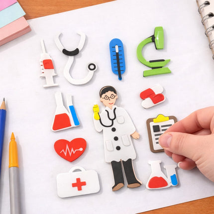 Colorful medical-themed magnetic letters and figures on a white surface with a hand interacting with them.