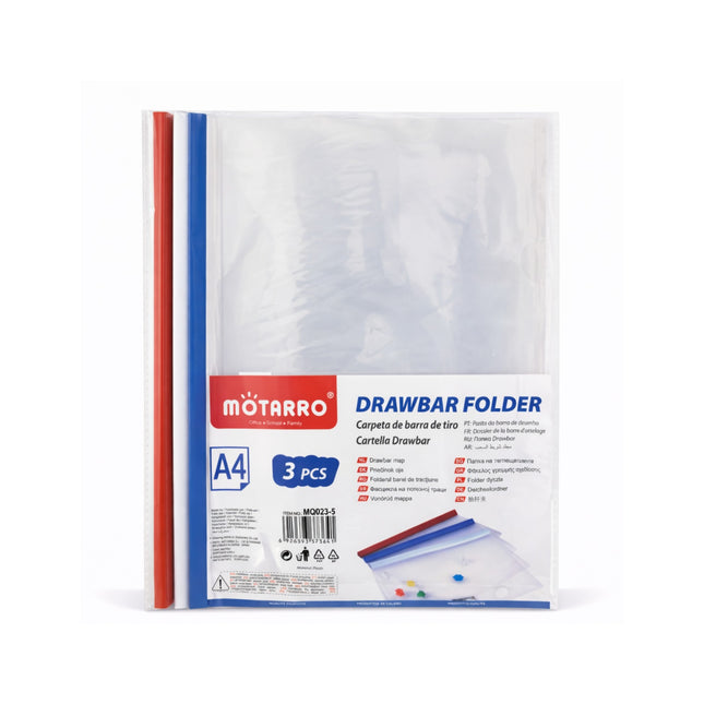 Motarro drawbar folder packaging with A4 size and three-piece set on a white background