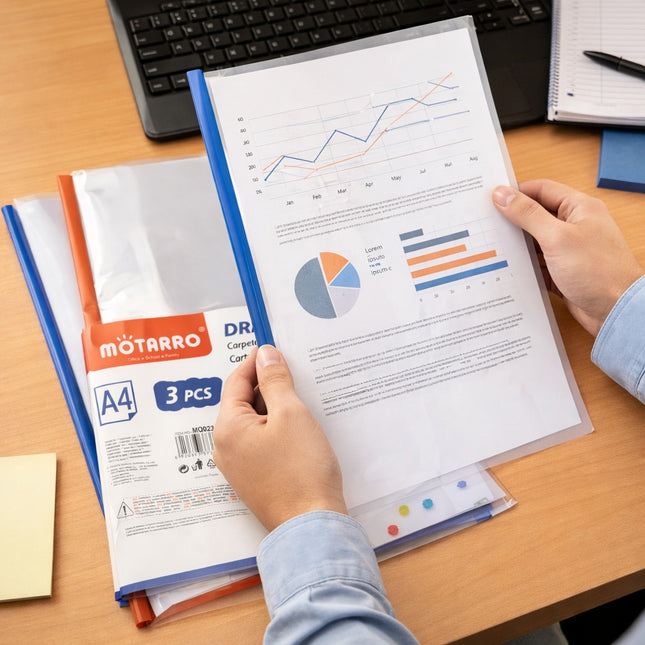 Person holding a document with graphs on a desk with office supplies