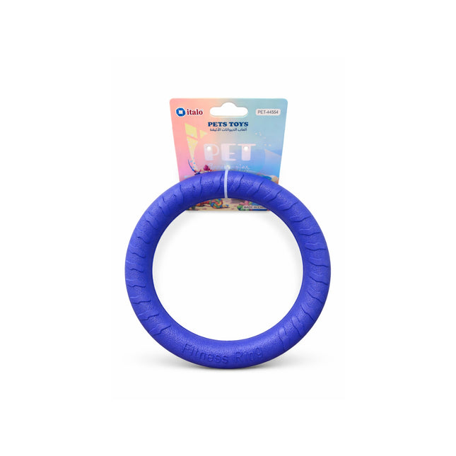Blue rubber ring pet toy with a visible brand label on a white background