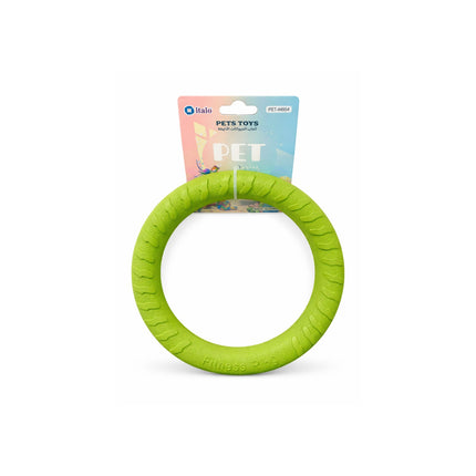 Green pet toy with packaging on a white background