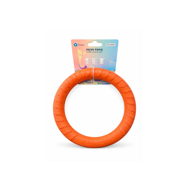 Orange rubber ring toy with a visible brand label on a white background