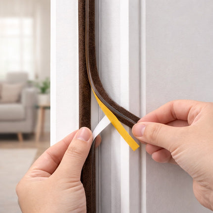 Person applying weather stripping to a door frame in a home setting