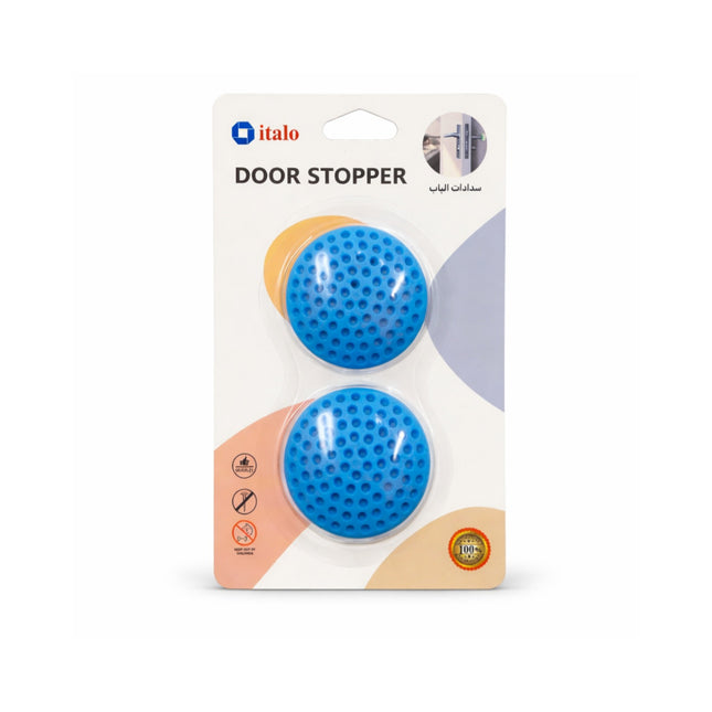 Packaging of italo door stopper with blue door stoppers on a white background