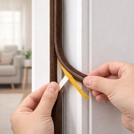 Person adjusting a weather stripping seal on a door in a living room setting.