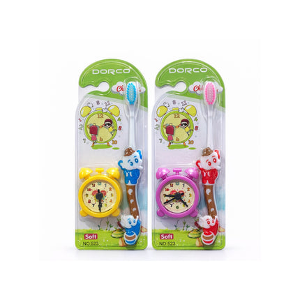 Two packages of children's cartoon-themed toothbrushes with colorful handles and animal designs on a white background.