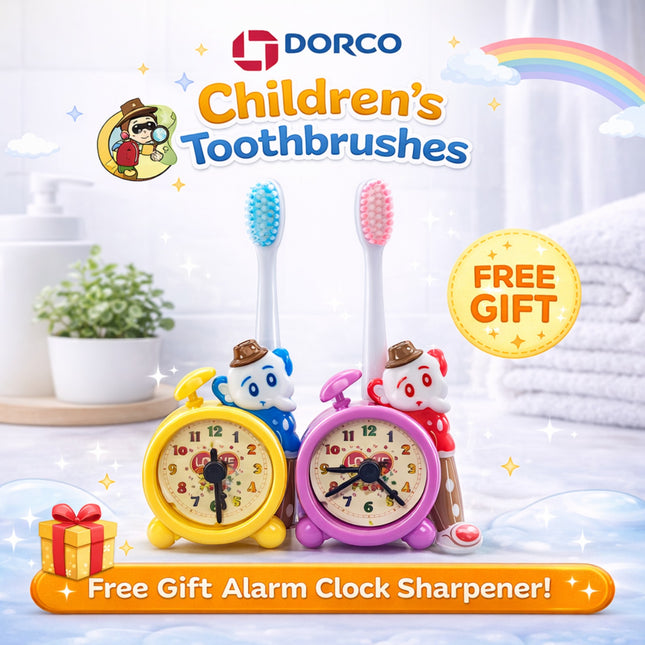 Children's toothbrushes with cartoon designs and a free gift alarm clock sharpener offer on a bathroom background.