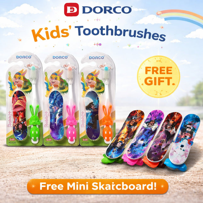 Dorco kids' toothbrushes with colorful designs on a wooden surface, featuring a free gift offer.