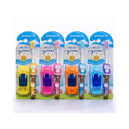Packaged children's toothbrushes with colorful handles and packaging on a white background