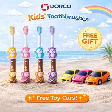 Dorco kids' toothbrushes with colorful handles on a beach background, featuring free toy cars offer.