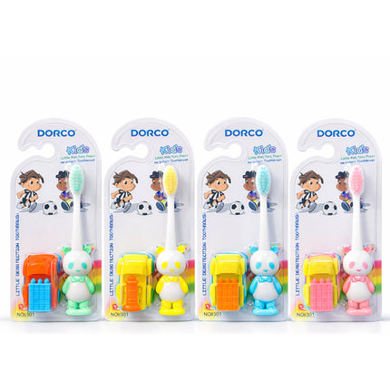 Four packages of Dorco kids' toothbrushes with cartoon characters on a white background
