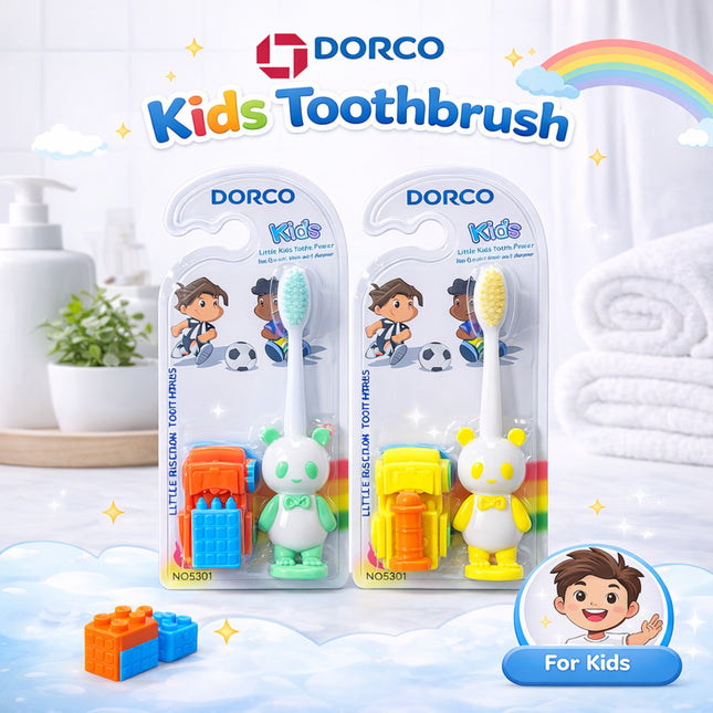 Dorco Kids Toothbrush packaging with colorful toothbrushes and packaging on a light background.
