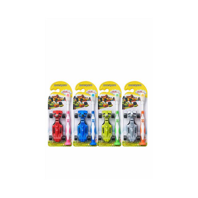 Four children's toothbrushes in their packaging on a white background