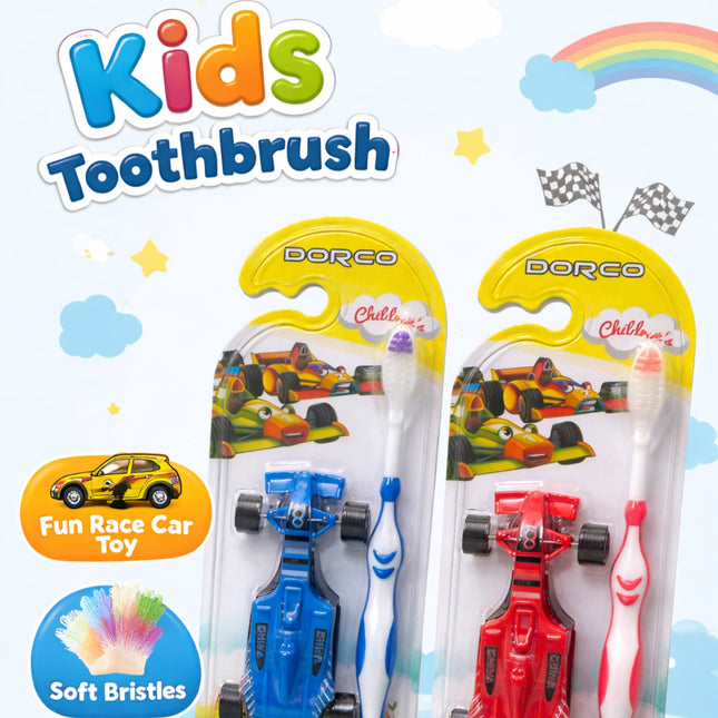 Two children's toothbrushes in packaging with race car design on a colorful background.