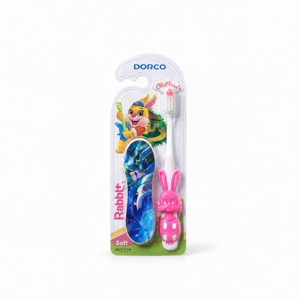 packing of Dorco children's toothbrushes with cartoon characters on a white background