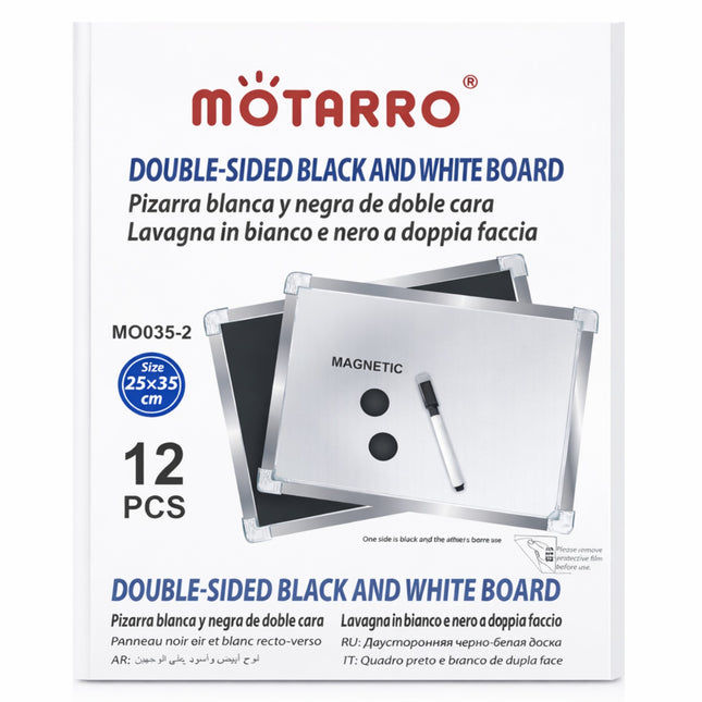 MOTARRO double-sided black and white board packaging with a whiteboard and marker on a white background.