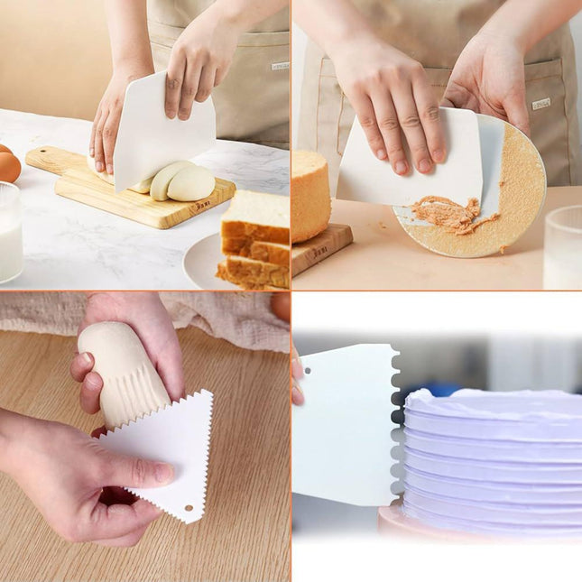 Collage of a person using a silicone bread knife to cut bread and stackable silicone dishes.