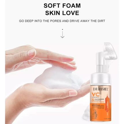 Bottle of Dr.Rashel Vitamin C Cleansing Foam Face Wash with text "Vitamin C Cleansing Foam Face Wash - Brightening and Pore Clarifying Cleanser