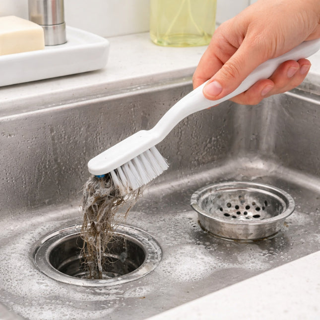 Person using a white brush to clean a sink drain with accumulated hair.