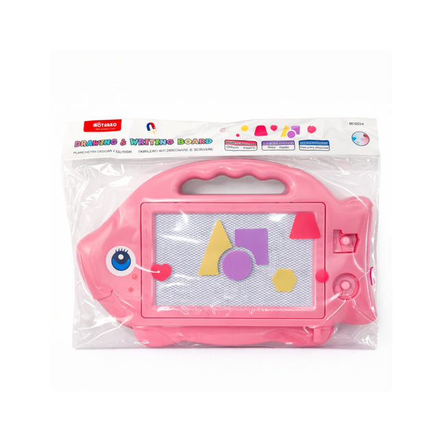 Pink drawing and writing board with magnetic shapes in packaging on a white background