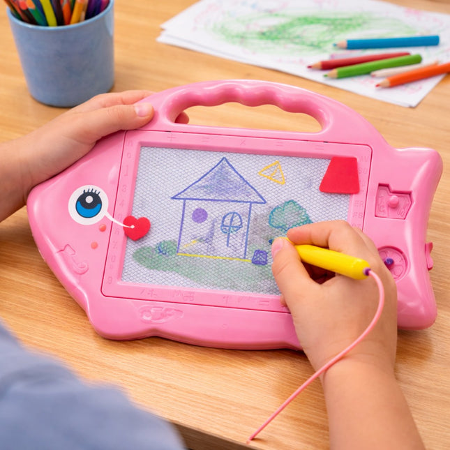 Child drawing on a pink magnetic drawing board with colorful markers.