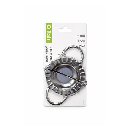 Stainless steel dumpling maker on a white background with O halo branding.