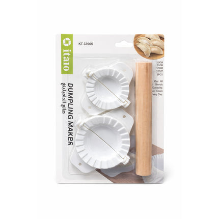 Italo dumpling maker set with two white plastic molds and a wooden rolling pin on packaging.
