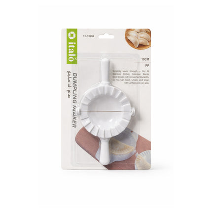 White dumpling maker in packaging with brand logo on a white background