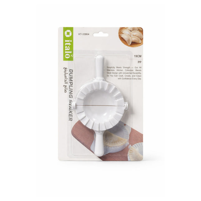 White dumpling maker in packaging with brand logo on a white background