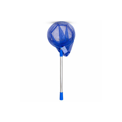 Blue fishing net with a long handle on a white background