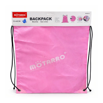 Pink drawstring backpack with 'MOTARRO' branding on a white background