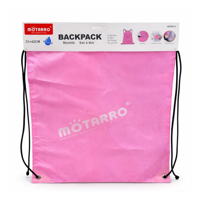 Pink drawstring backpack with 'MOTARRO' branding on a white background