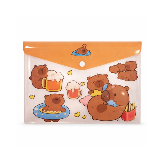 Clear pouch with cartoon bears on an orange background