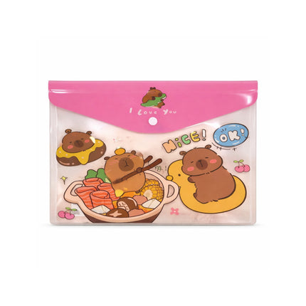 Clear pouch with cartoon bear designs and pink top on a white background