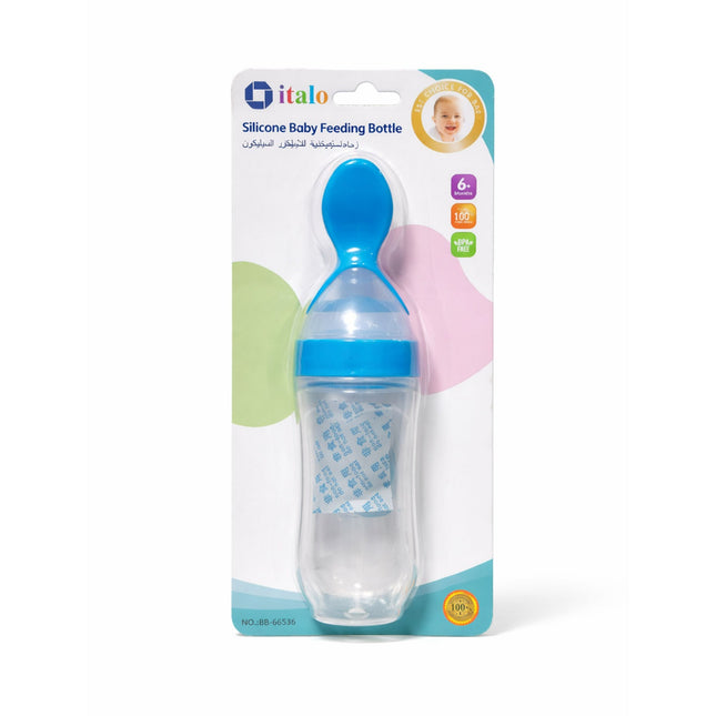 Silicone baby feeding bottle with packaging on a white background