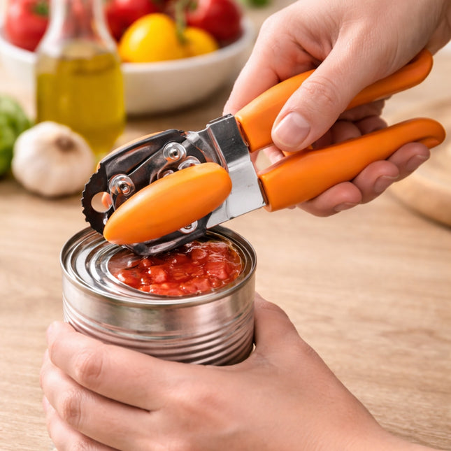 Person using a can opener on a can with a kitchen setting in the background